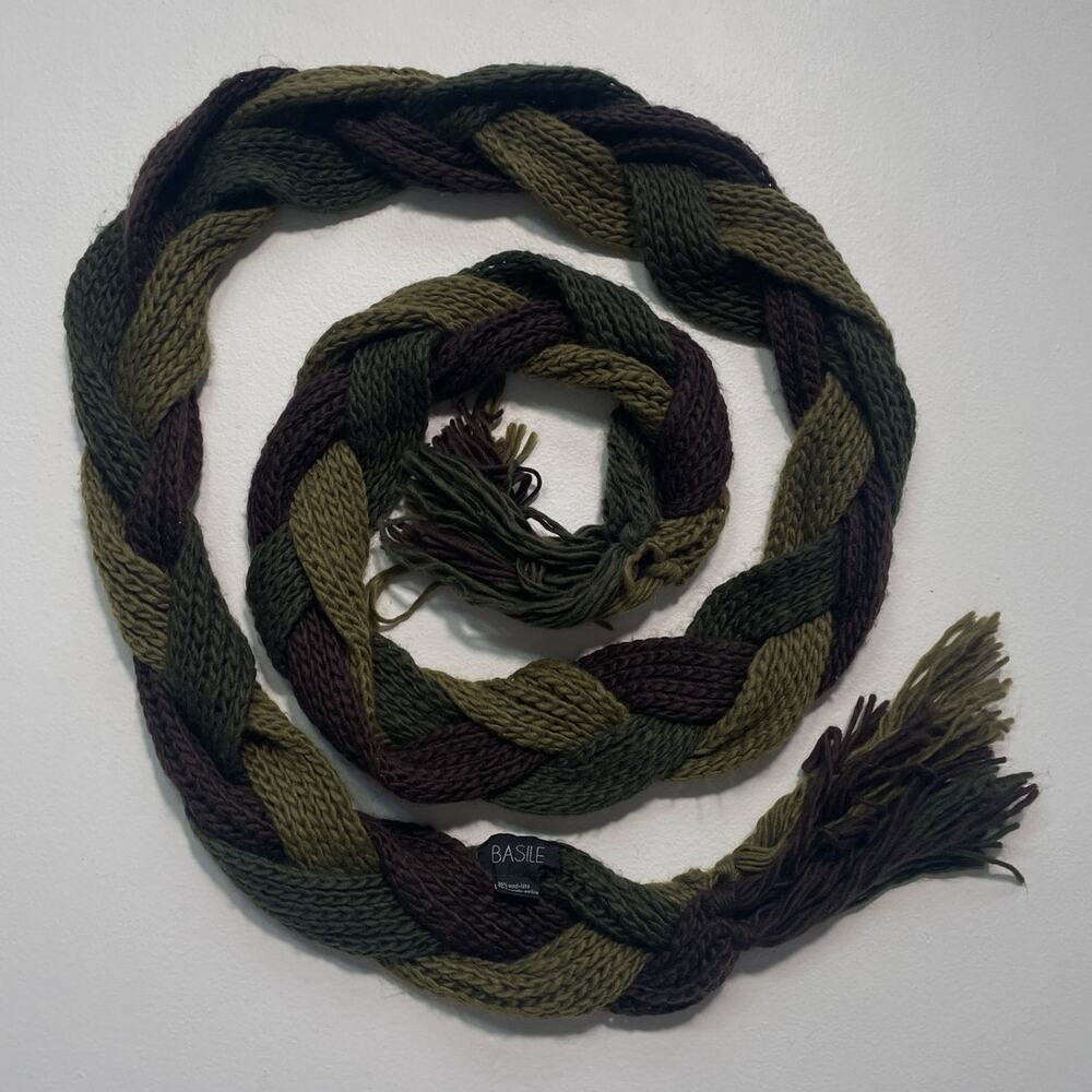 BASILE Wool Blend Green Braided Knit Long Chunky Scarf / Earthy Fairy Forest